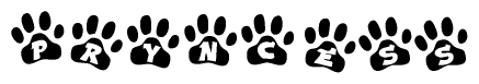 The image shows a series of animal paw prints arranged horizontally. Within each paw print, there's a letter; together they spell Pryncess