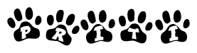 The image shows a series of animal paw prints arranged in a horizontal line. Each paw print contains a letter, and together they spell out the word Priti.