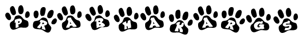 The image shows a row of animal paw prints, each containing a letter. The letters spell out the word Prabhakargs within the paw prints.