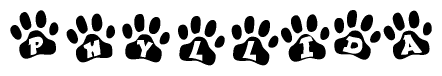 The image shows a series of animal paw prints arranged horizontally. Within each paw print, there's a letter; together they spell Phyllida