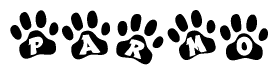 The image shows a row of animal paw prints, each containing a letter. The letters spell out the word Parmo within the paw prints.