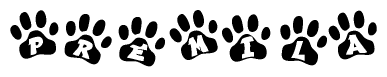 The image shows a series of animal paw prints arranged in a horizontal line. Each paw print contains a letter, and together they spell out the word Premila.
