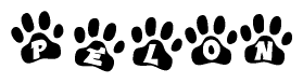 The image shows a row of animal paw prints, each containing a letter. The letters spell out the word Pelon within the paw prints.