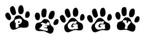 The image shows a row of animal paw prints, each containing a letter. The letters spell out the word Peggy within the paw prints.