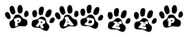 The image shows a row of animal paw prints, each containing a letter. The letters spell out the word Pradeep within the paw prints.