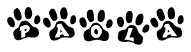 The image shows a series of animal paw prints arranged in a horizontal line. Each paw print contains a letter, and together they spell out the word Paola.