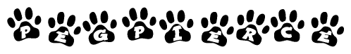 The image shows a series of animal paw prints arranged horizontally. Within each paw print, there's a letter; together they spell Pegpierce