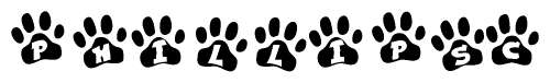 The image shows a row of animal paw prints, each containing a letter. The letters spell out the word Phillipsc within the paw prints.
