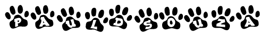The image shows a series of animal paw prints arranged in a horizontal line. Each paw print contains a letter, and together they spell out the word Pauldsouza.