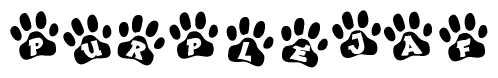 The image shows a row of animal paw prints, each containing a letter. The letters spell out the word Purplejaf within the paw prints.