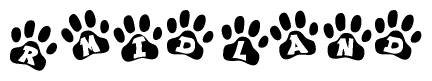The image shows a row of animal paw prints, each containing a letter. The letters spell out the word Rmidland within the paw prints.