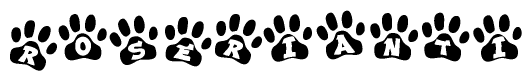 The image shows a series of animal paw prints arranged horizontally. Within each paw print, there's a letter; together they spell Roserianti