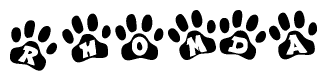 The image shows a series of animal paw prints arranged horizontally. Within each paw print, there's a letter; together they spell Rhomda