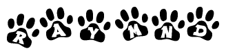 The image shows a series of animal paw prints arranged in a horizontal line. Each paw print contains a letter, and together they spell out the word Raymnd.