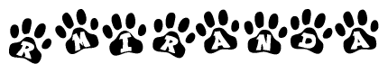 The image shows a series of animal paw prints arranged in a horizontal line. Each paw print contains a letter, and together they spell out the word Rmiranda.