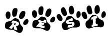 The image shows a row of animal paw prints, each containing a letter. The letters spell out the word Resi within the paw prints.