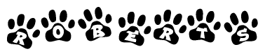 The image shows a row of animal paw prints, each containing a letter. The letters spell out the word Roberts within the paw prints.