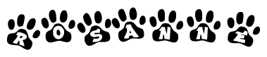 The image shows a series of animal paw prints arranged in a horizontal line. Each paw print contains a letter, and together they spell out the word Rosanne.