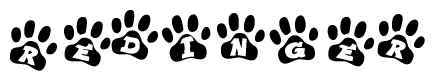 The image shows a row of animal paw prints, each containing a letter. The letters spell out the word Redinger within the paw prints.