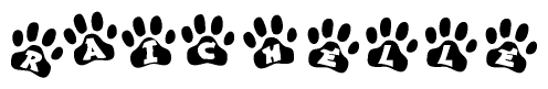 The image shows a series of animal paw prints arranged horizontally. Within each paw print, there's a letter; together they spell Raichelle
