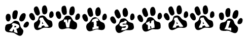The image shows a series of animal paw prints arranged in a horizontal line. Each paw print contains a letter, and together they spell out the word Ravishaal.