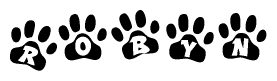 The image shows a series of animal paw prints arranged horizontally. Within each paw print, there's a letter; together they spell Robyn