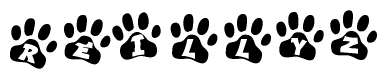 The image shows a series of animal paw prints arranged in a horizontal line. Each paw print contains a letter, and together they spell out the word Reillyz.