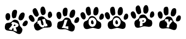 The image shows a series of animal paw prints arranged horizontally. Within each paw print, there's a letter; together they spell Ruloopy