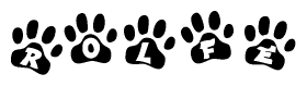 The image shows a series of animal paw prints arranged in a horizontal line. Each paw print contains a letter, and together they spell out the word Rolfe.