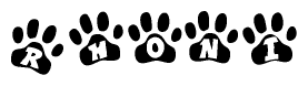 The image shows a row of animal paw prints, each containing a letter. The letters spell out the word Rhoni within the paw prints.