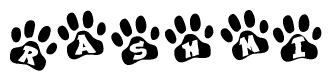 The image shows a series of animal paw prints arranged in a horizontal line. Each paw print contains a letter, and together they spell out the word Rashmi.