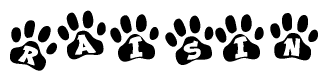 The image shows a series of animal paw prints arranged in a horizontal line. Each paw print contains a letter, and together they spell out the word Raisin.