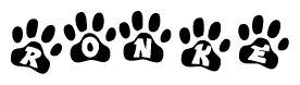 The image shows a series of animal paw prints arranged in a horizontal line. Each paw print contains a letter, and together they spell out the word Ronke.