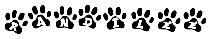 The image shows a series of animal paw prints arranged horizontally. Within each paw print, there's a letter; together they spell Randilee
