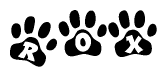 The image shows a row of animal paw prints, each containing a letter. The letters spell out the word Rox within the paw prints.