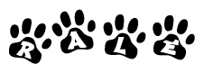 The image shows a series of animal paw prints arranged horizontally. Within each paw print, there's a letter; together they spell Rale