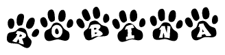 The image shows a series of animal paw prints arranged horizontally. Within each paw print, there's a letter; together they spell Robina