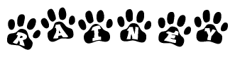 The image shows a series of animal paw prints arranged horizontally. Within each paw print, there's a letter; together they spell Rainey