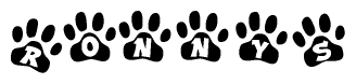 The image shows a series of animal paw prints arranged in a horizontal line. Each paw print contains a letter, and together they spell out the word Ronnys.