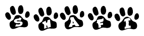 The image shows a series of animal paw prints arranged in a horizontal line. Each paw print contains a letter, and together they spell out the word Shafi.