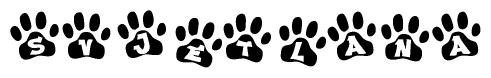 The image shows a series of animal paw prints arranged in a horizontal line. Each paw print contains a letter, and together they spell out the word Svjetlana.
