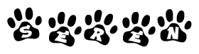 The image shows a series of animal paw prints arranged horizontally. Within each paw print, there's a letter; together they spell Seren