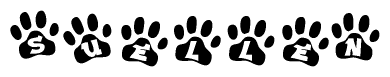 The image shows a series of animal paw prints arranged in a horizontal line. Each paw print contains a letter, and together they spell out the word Suellen.