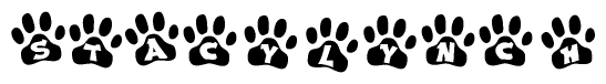 The image shows a series of animal paw prints arranged horizontally. Within each paw print, there's a letter; together they spell Stacylynch