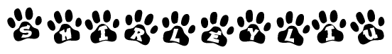 The image shows a series of animal paw prints arranged in a horizontal line. Each paw print contains a letter, and together they spell out the word Shirleyliu.