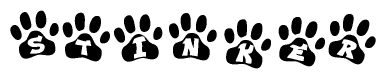 The image shows a series of animal paw prints arranged horizontally. Within each paw print, there's a letter; together they spell Stinker