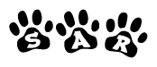The image shows a row of animal paw prints, each containing a letter. The letters spell out the word Sar within the paw prints.