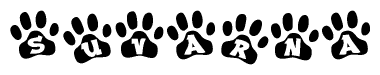 The image shows a series of animal paw prints arranged in a horizontal line. Each paw print contains a letter, and together they spell out the word Suvarna.