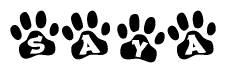 The image shows a series of animal paw prints arranged horizontally. Within each paw print, there's a letter; together they spell Saya