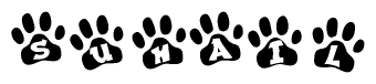 The image shows a series of animal paw prints arranged in a horizontal line. Each paw print contains a letter, and together they spell out the word Suhail.